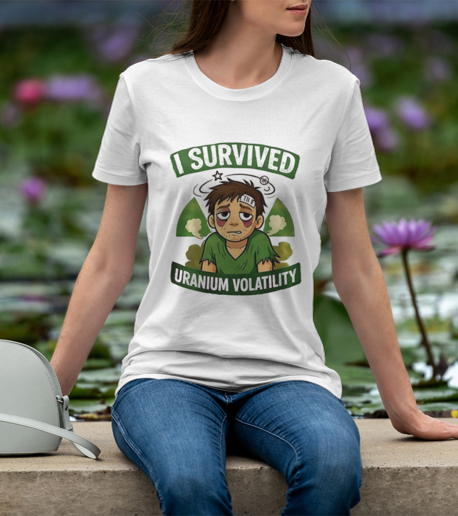 I Survived Uranium Volatility Exhausted Cartoon Character Wearing Torn Green T-Shirt