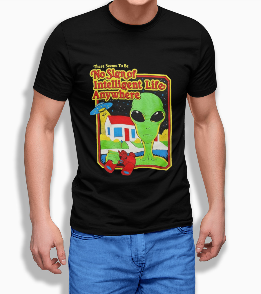 There Seems To Be No Sign Of Intelligent Life Anywhere Alien Green Martian Binoculars Retro Comic T-Shirt