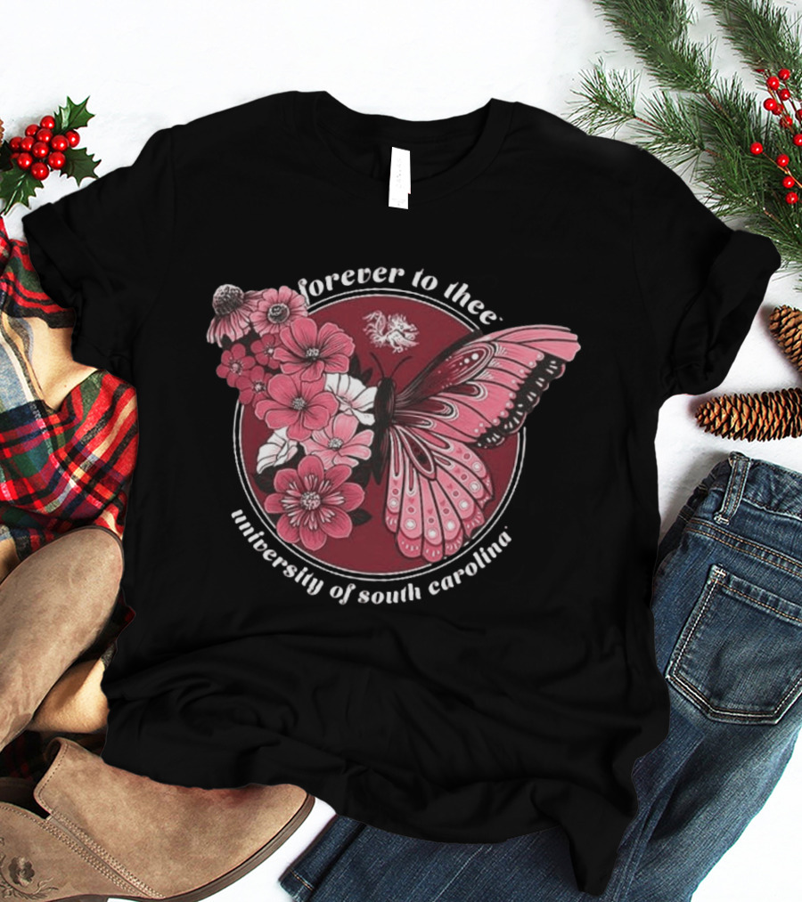 South Carolina Gamecocks Garnet Butterfly Forever To Thee University Flowers T-Shirt