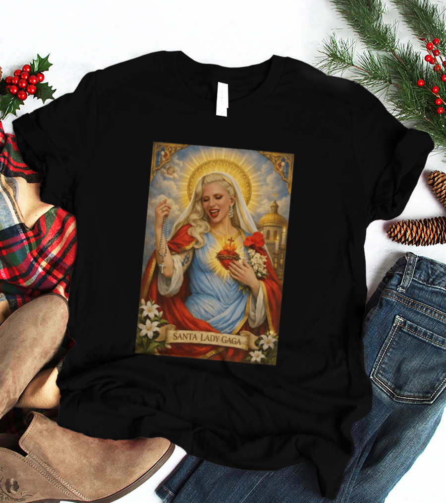 Santa Lady Gaga Sacred Heart Imagery With Rosary And Golden Halo T-Shirt