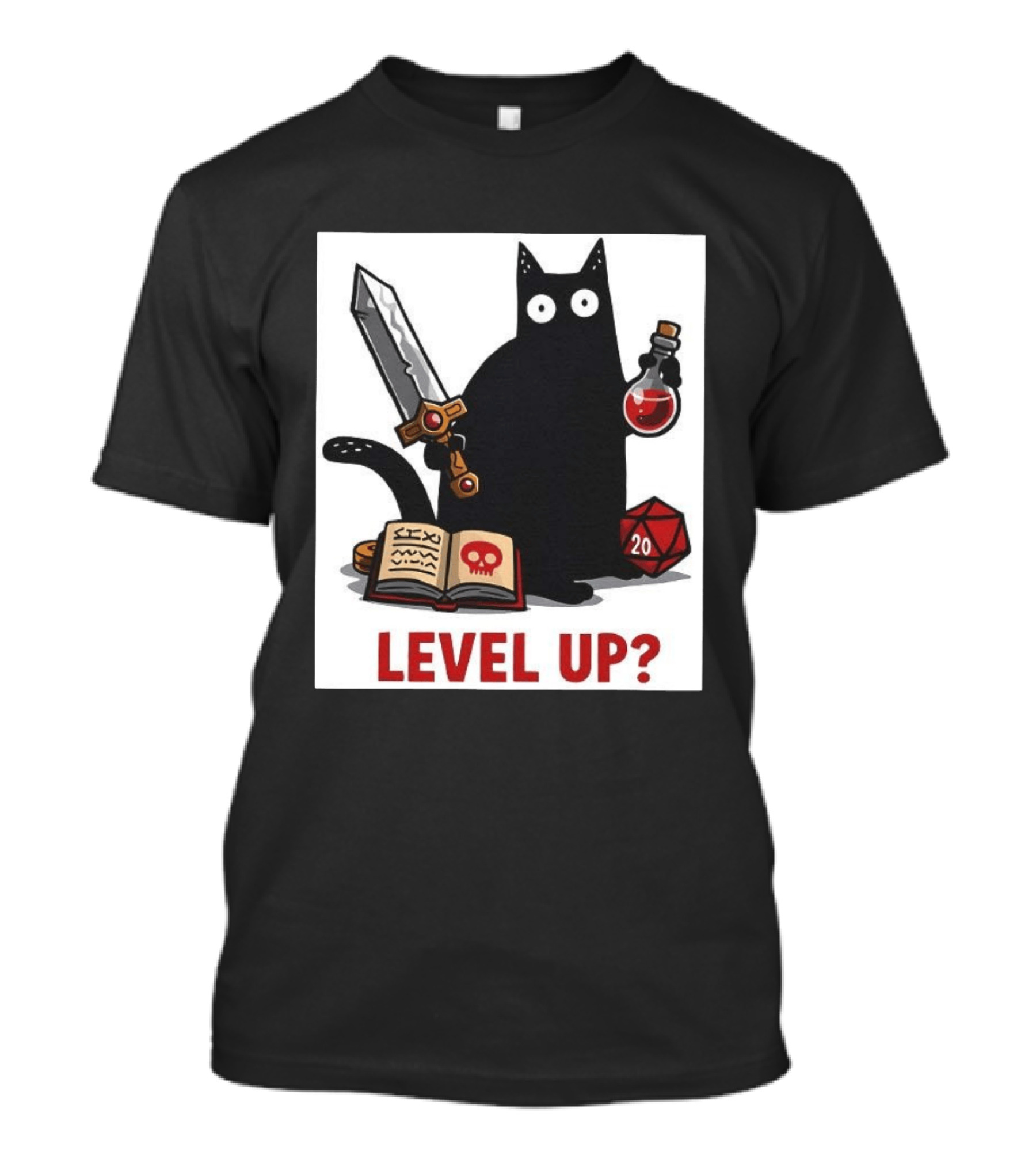 Black Cat Level Up Sword Potion D20 Dice Book Dungeons And Dragons T-Shirt