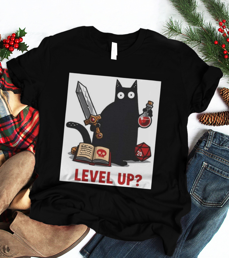 Black Cat Level Up Sword Potion D20 Dice Book Dungeons And Dragons T-Shirt
