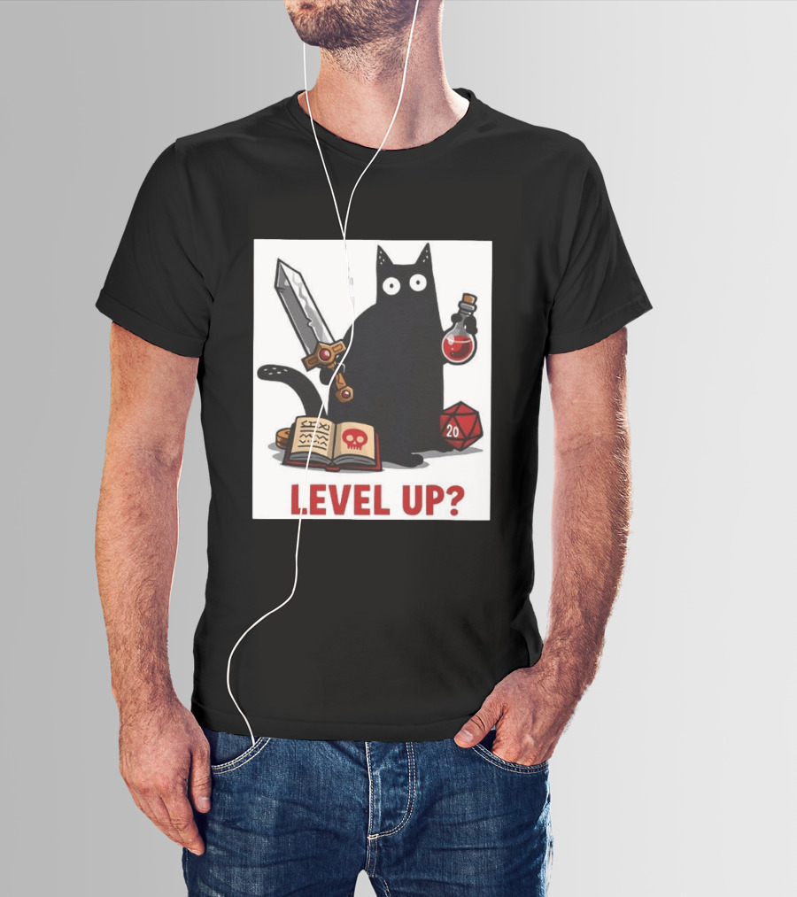 Black Cat Level Up Sword Potion D20 Dice Book Dungeons And Dragons T-Shirt