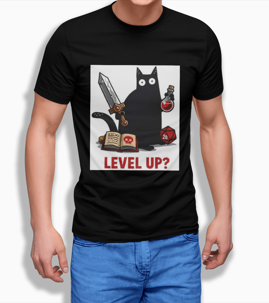 Black Cat Level Up Sword Potion D20 Dice Book Dungeons And Dragons T-Shirt