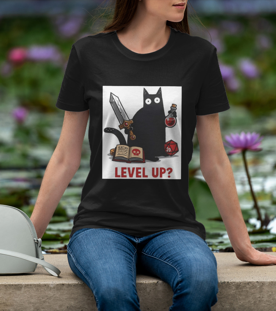 Black Cat Level Up Sword Potion D20 Dice Book Dungeons And Dragons T-Shirt