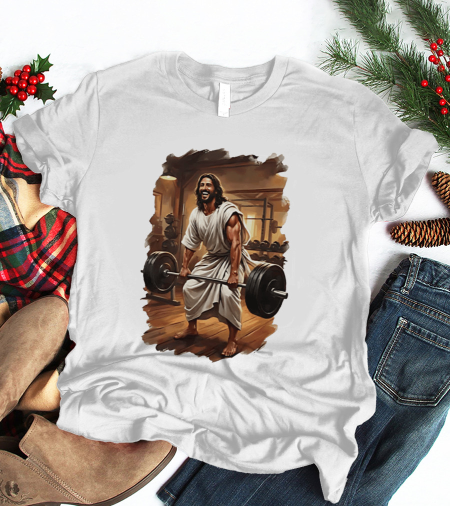 Jesus Lifting Weights In Gym Spiritual Fitness Motivation T-Shirt