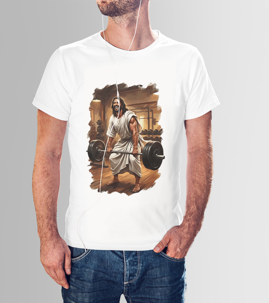 Jesus Lifting Weights In Gym Spiritual Fitness Motivation T-Shirt