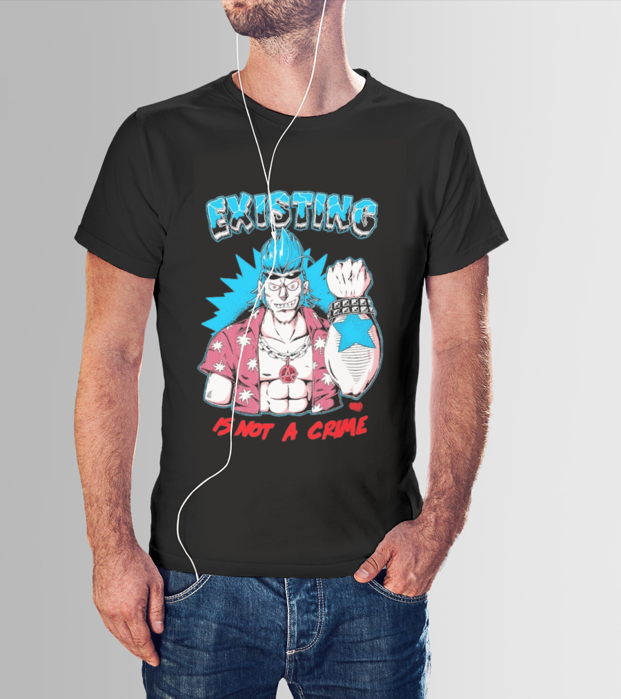 EXISTING IS NOT A CRIME Anime Punk Character Blue Hair Star Tattoo T-Shirt