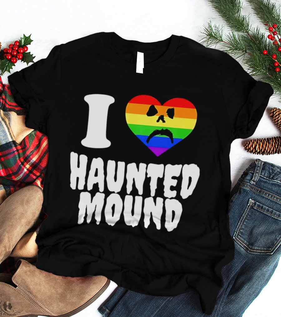 I Love Haunted Mound Rainbow Heart Face T-Shirt