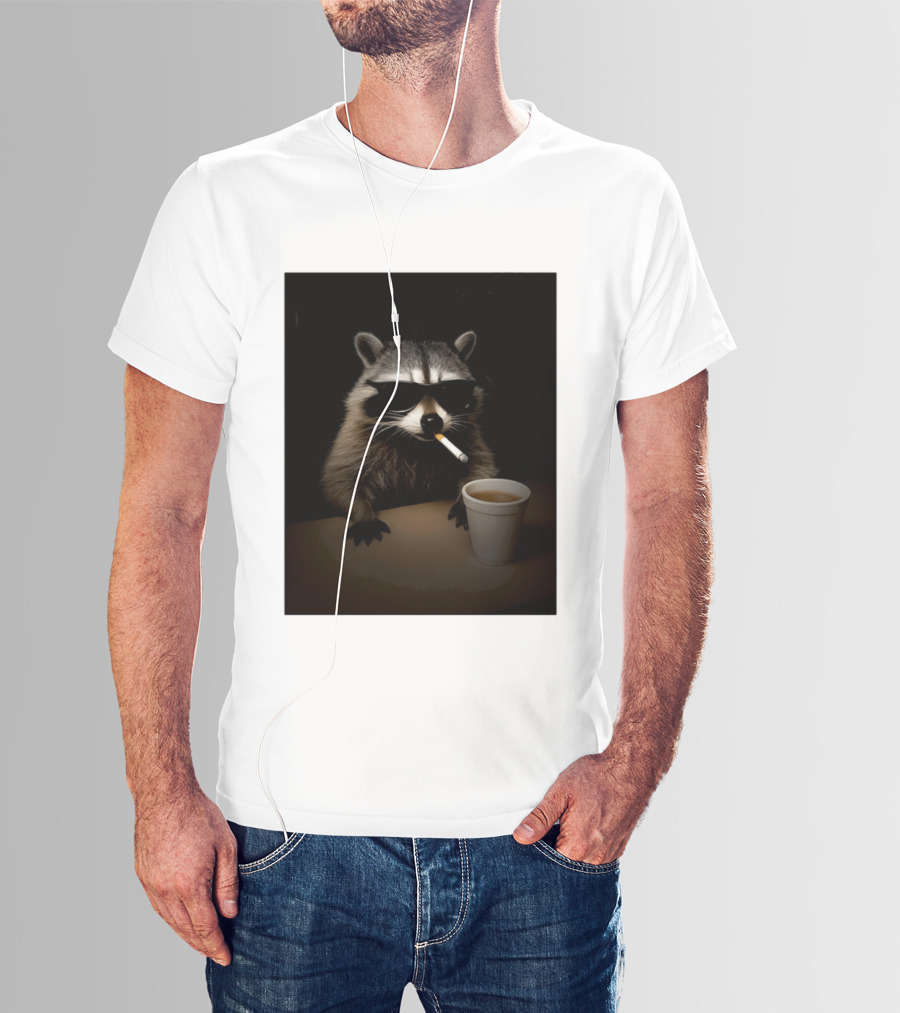 Raccoon Drinking Coffee Smoking Cigarette Wearing Sunglasses T-Shirt