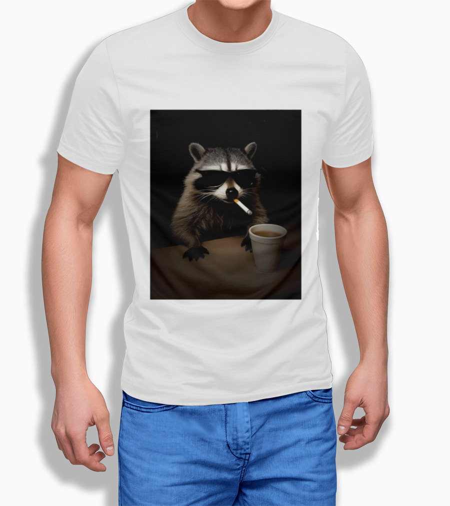 Raccoon Drinking Coffee Smoking Cigarette Wearing Sunglasses T-Shirt