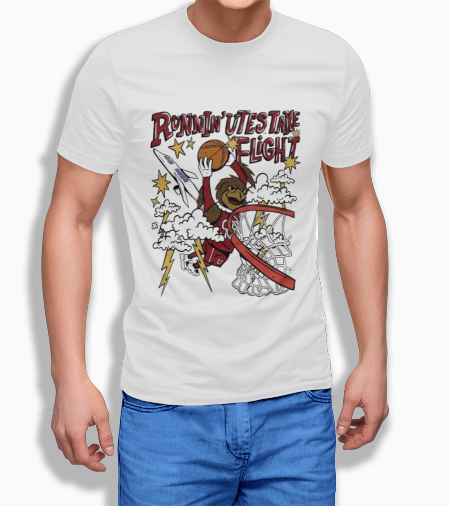 Runnin' Utes Take Flight Basketball Mascot Dunking With Clouds Lightning And Jet T-Shirt