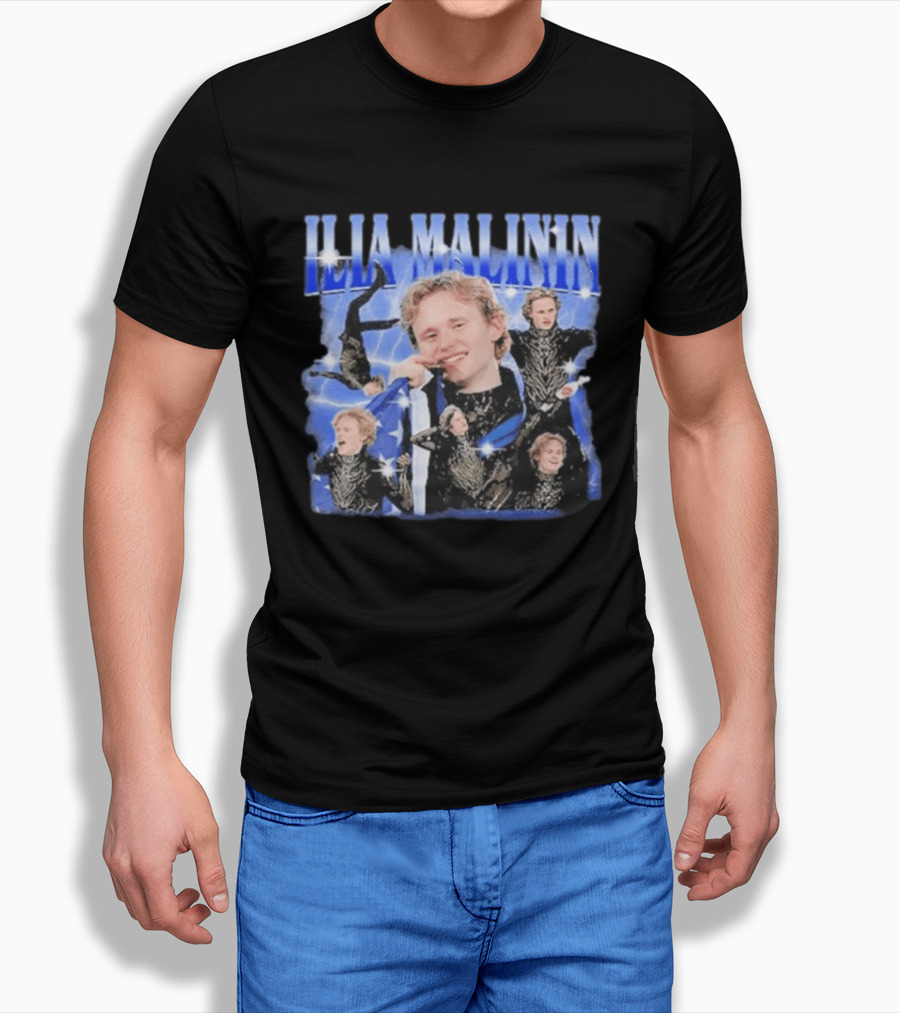 Ilia Malinin Figure Skating Star Blue Sparkle Montage T-Shirt