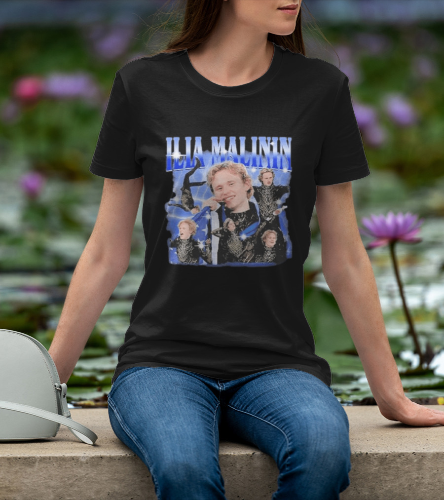 Ilia Malinin Figure Skating Star Blue Sparkle Montage T-Shirt