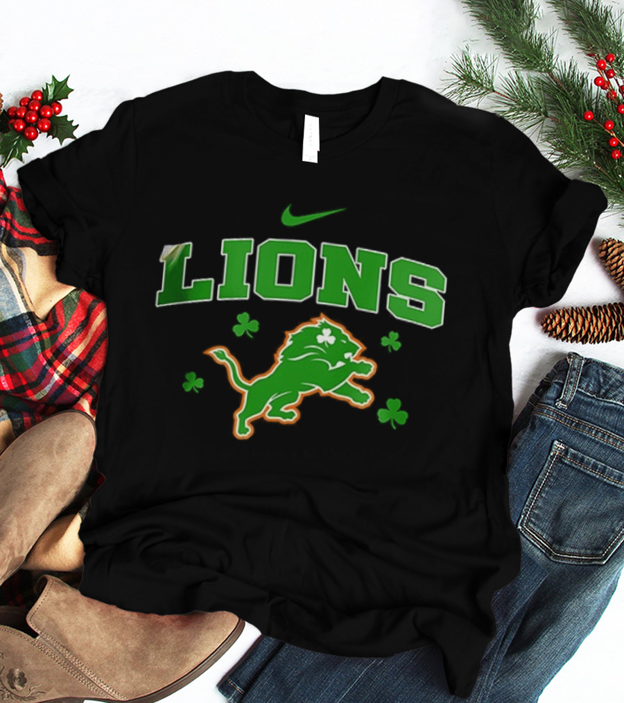 Detroit Lions Irish Theme With Green Shamrocks And Nike T-Shirt