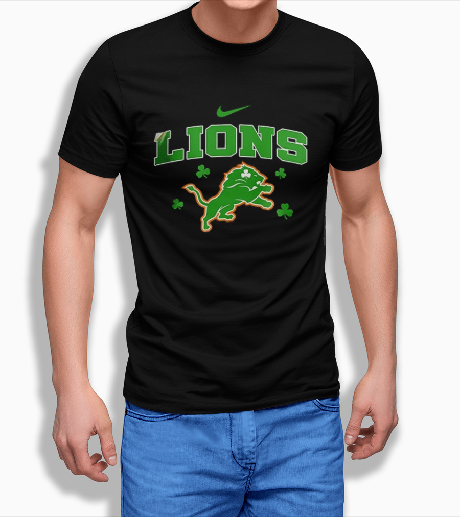 Detroit Lions Irish Theme With Green Shamrocks And Nike T-Shirt