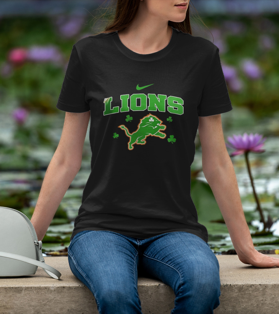 Detroit Lions Irish Theme With Green Shamrocks And Nike T-Shirt