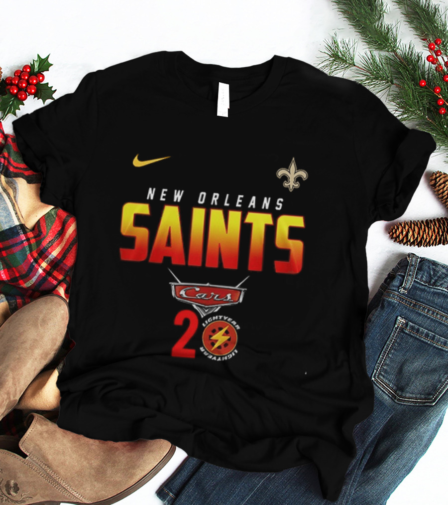 New Orleans Saints Cars 20th Anniversary Nike Fleur De Lis Lightning Bolt T-Shirt
