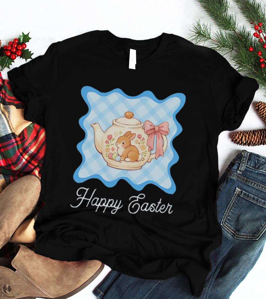 Happy Easter Bunny Teapot With Floral Blue Gingham And Pink Bow T-Shirt