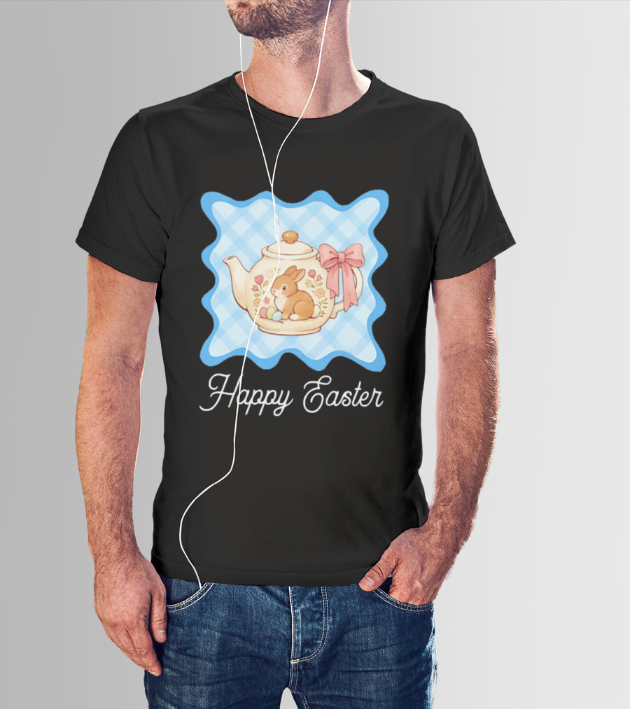 Happy Easter Bunny Teapot With Floral Blue Gingham And Pink Bow T-Shirt