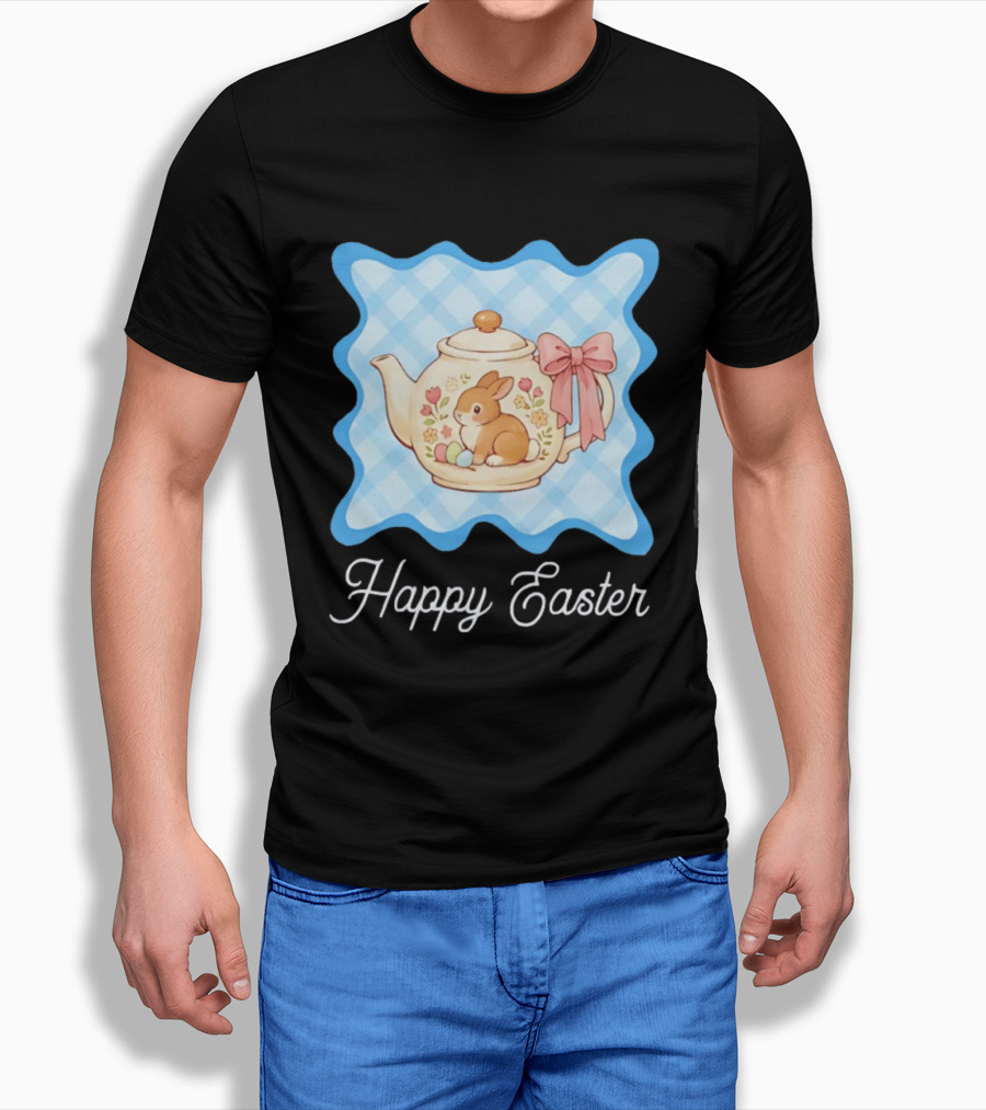 Happy Easter Bunny Teapot With Floral Blue Gingham And Pink Bow T-Shirt