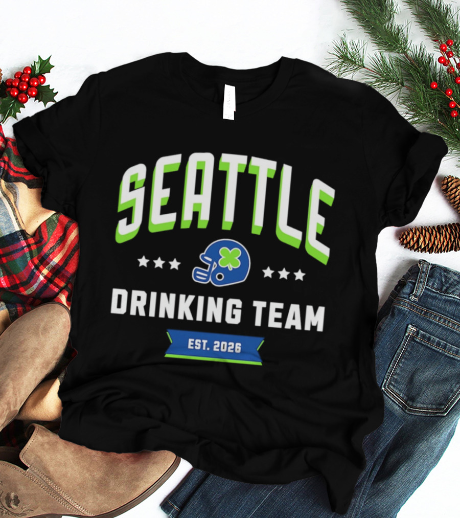 Seattle Drinking Team Est. 2026 St. Patrick's Day Football Helmet Clover Stars T-Shirt
