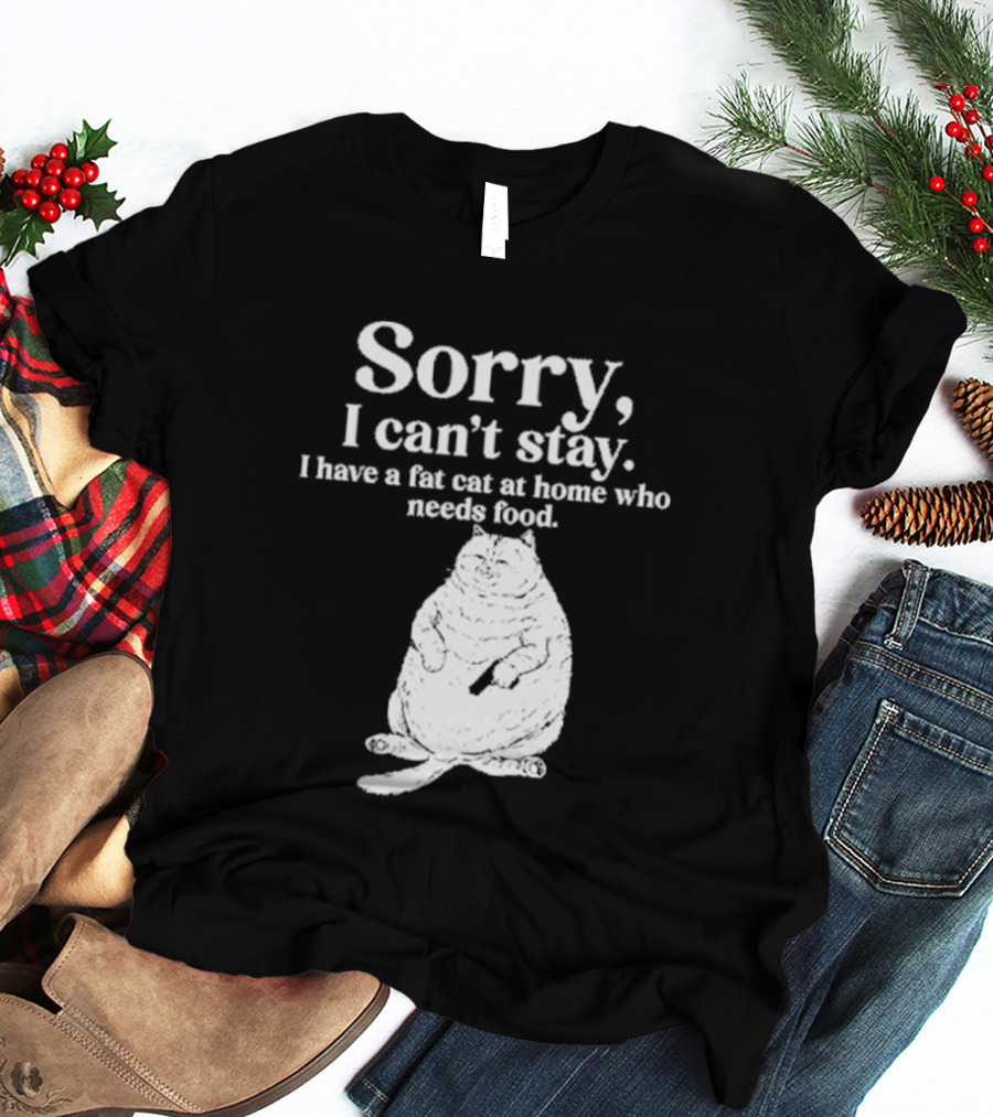 Sorry I Can't Stay I Have A Fat Cat At Home Who Needs Food Cat Lover Humor T-Shirt
