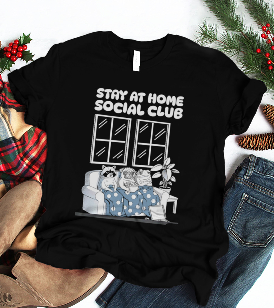 Stay At Home Social Club Raccoon Pug Frog Sofa Window Plant Scene T-Shirt