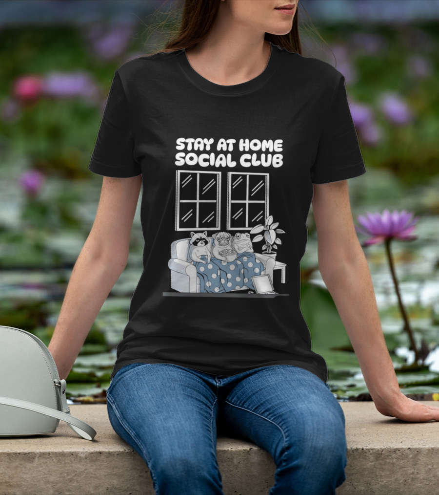 Stay At Home Social Club Raccoon Pug Frog Sofa Window Plant Scene T-Shirt