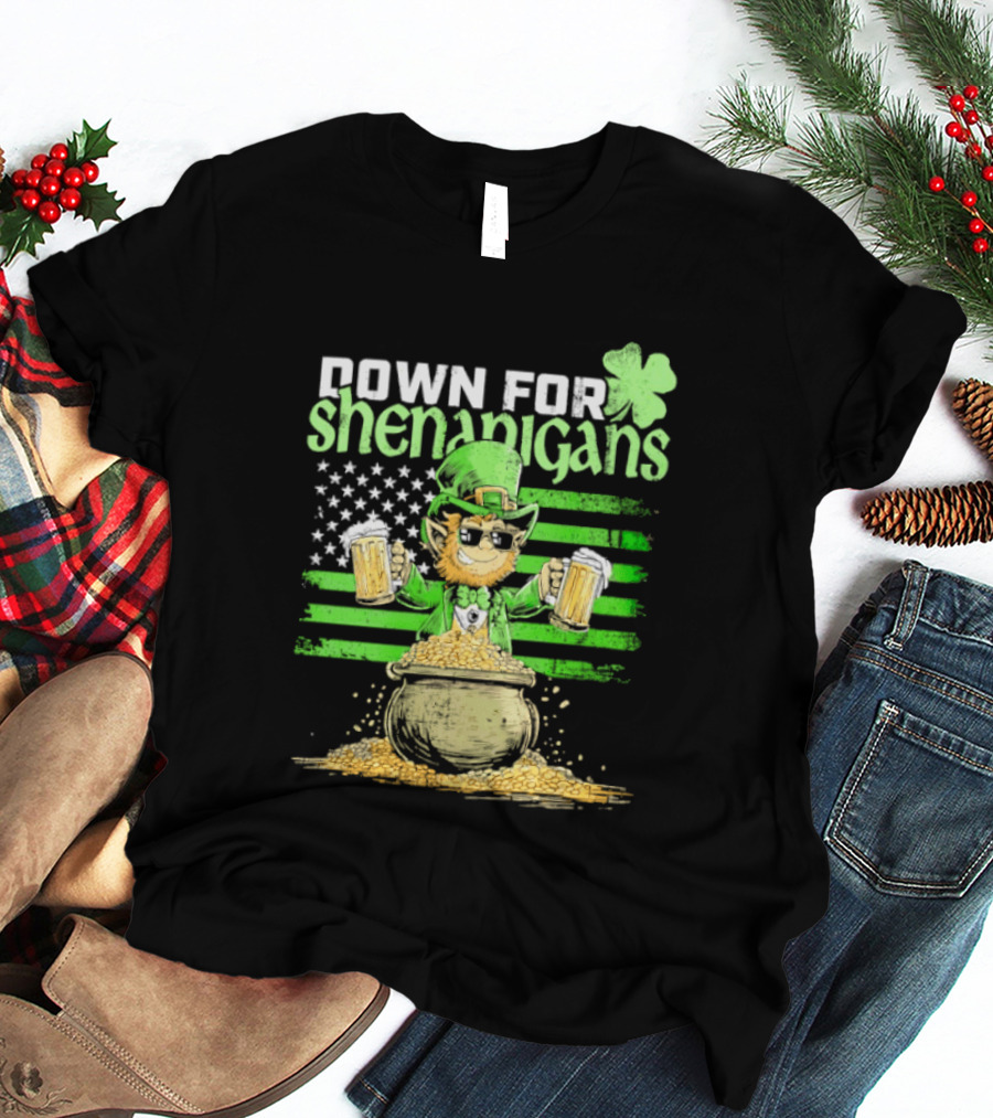 Down For Shenanigans Leprechaun With Beers And Clover American Flag T-Shirt