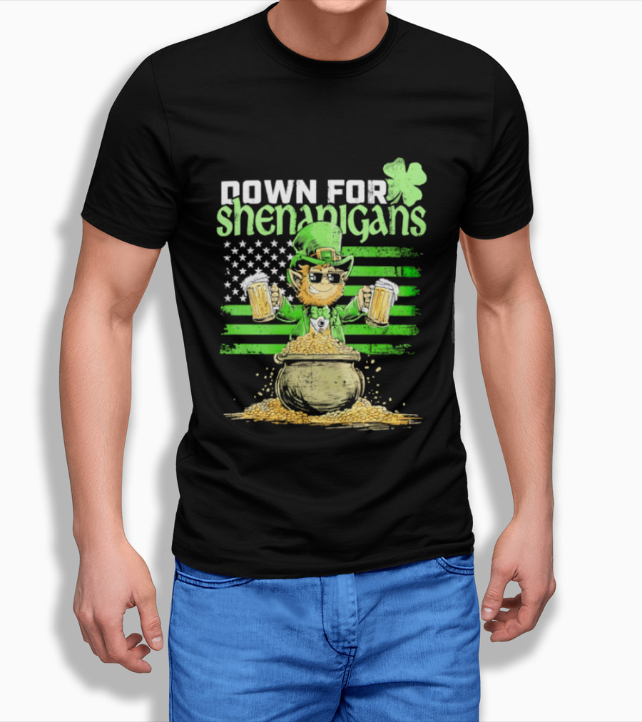 Down For Shenanigans Leprechaun With Beers And Clover American Flag T-Shirt