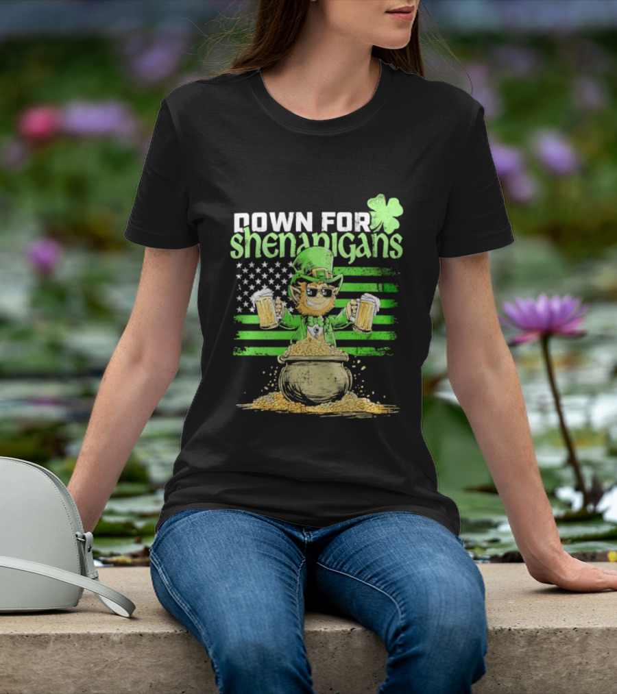 Down For Shenanigans Leprechaun With Beers And Clover American Flag T-Shirt