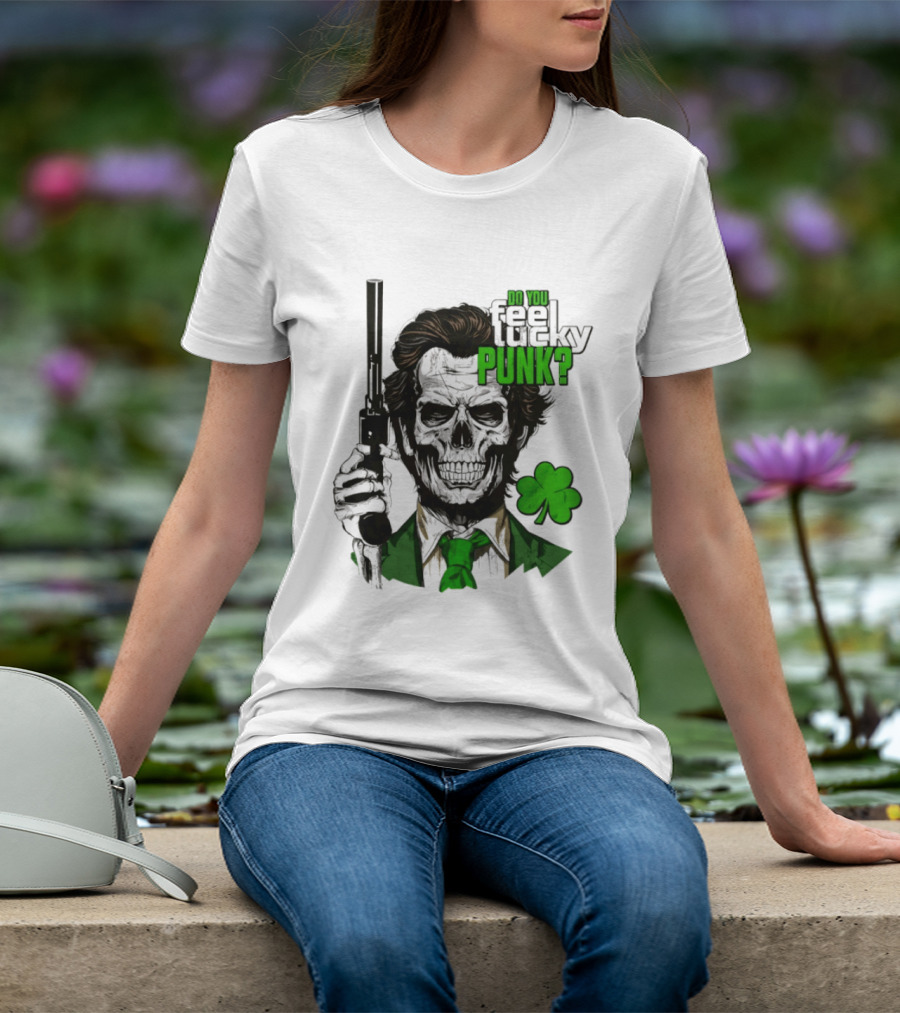 Do You Feel Lucky Punk Skull Gun Shamrock T-Shirt
