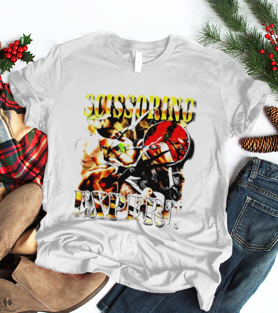 Scissoring Expert Vibrant Scissors Holding T-Shirt