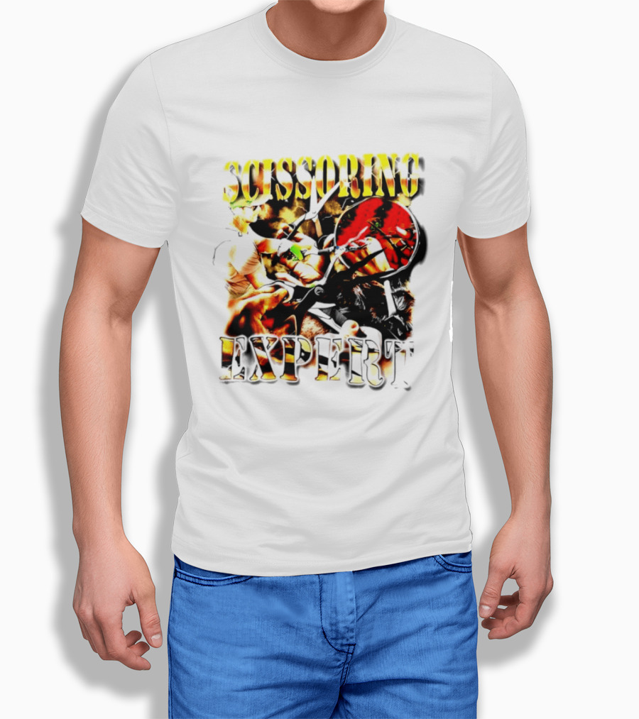 Scissoring Expert Vibrant Scissors Holding T-Shirt