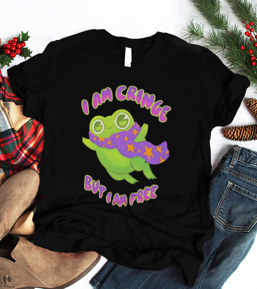 I Am Cringe But I Am Free Frog With Purple Starry Scarf T-Shirt