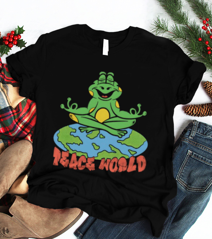 Meditating Frog Sitting On Planet Earth Peace World T-Shirt