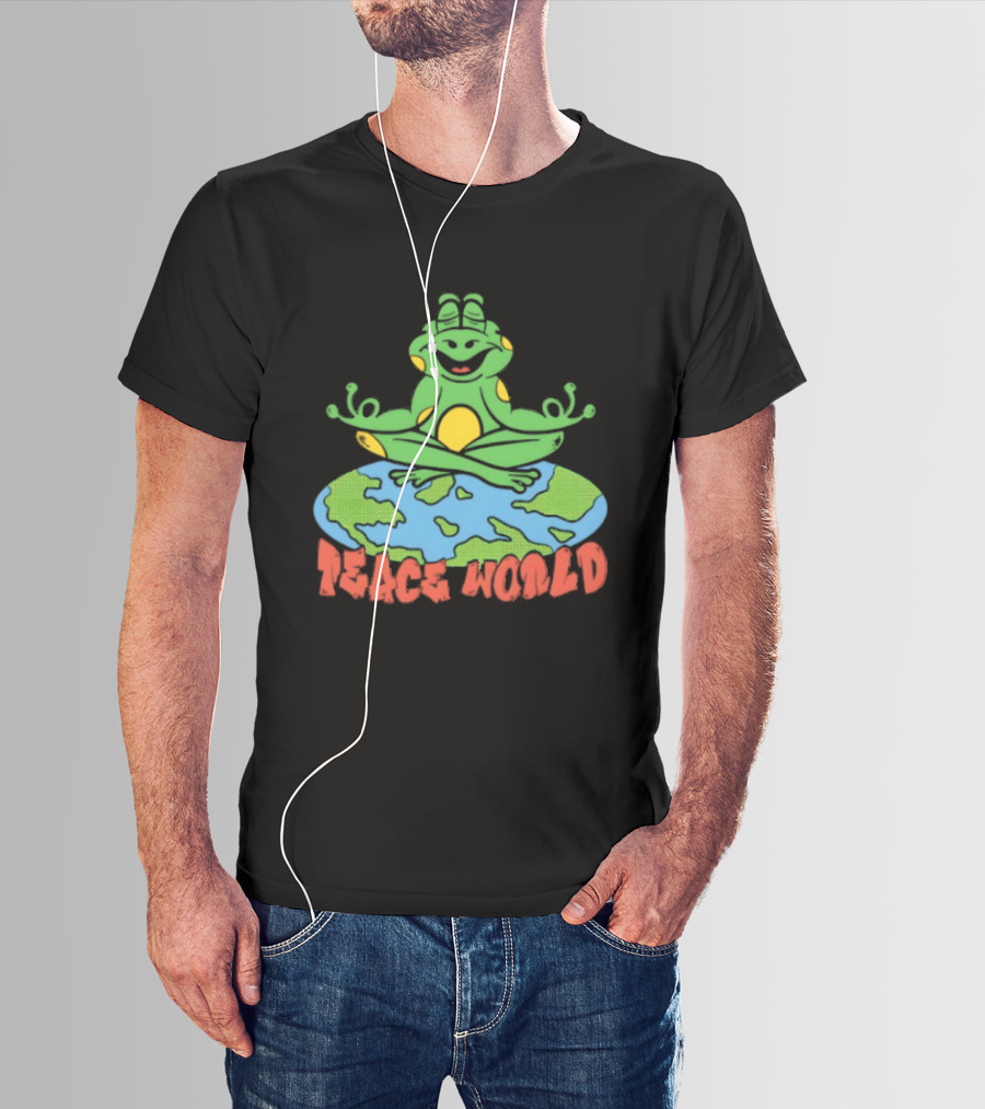 Meditating Frog Sitting On Planet Earth Peace World T-Shirt