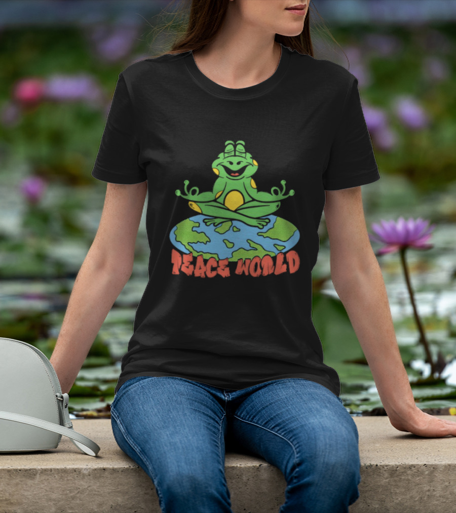 Meditating Frog Sitting On Planet Earth Peace World T-Shirt