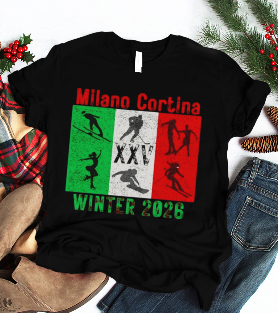 Milano Cortina Winter 2026 Italy Flag XXV Skiing Skating Snowboarding T-Shirt