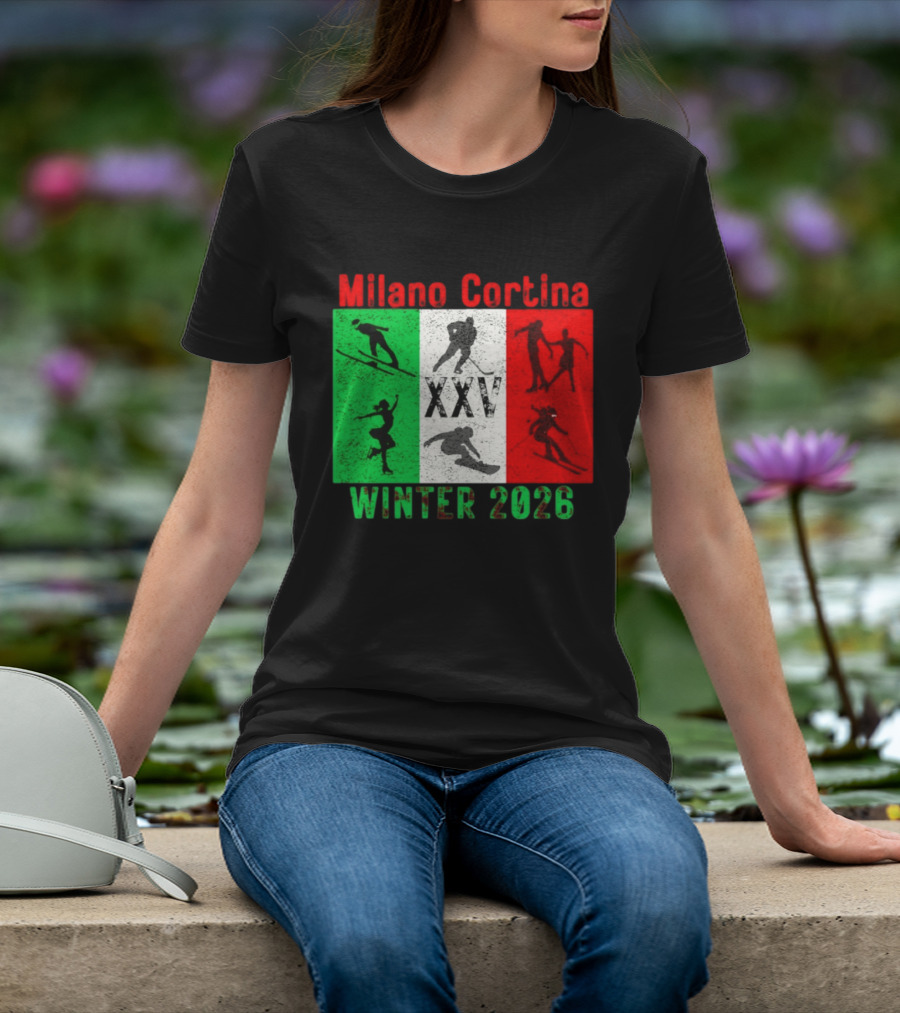 Milano Cortina Winter 2026 Italy Flag XXV Skiing Skating Snowboarding T-Shirt