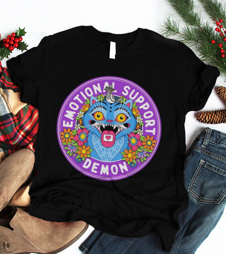 Emotional Support Derpy Demon Cat Surrounded By Flowers And Bird T-Shirt