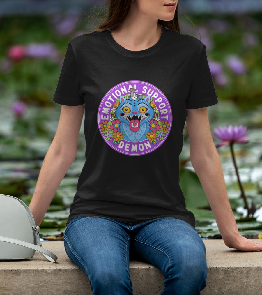 Emotional Support Derpy Demon Cat Surrounded By Flowers And Bird T-Shirt