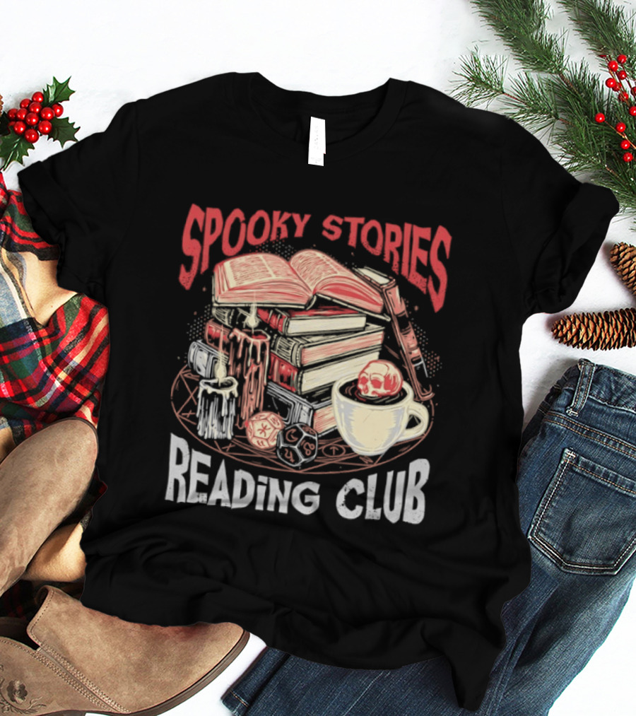 Spooky Stories Reading Club Books Candles Skulls And Cup T-Shirt