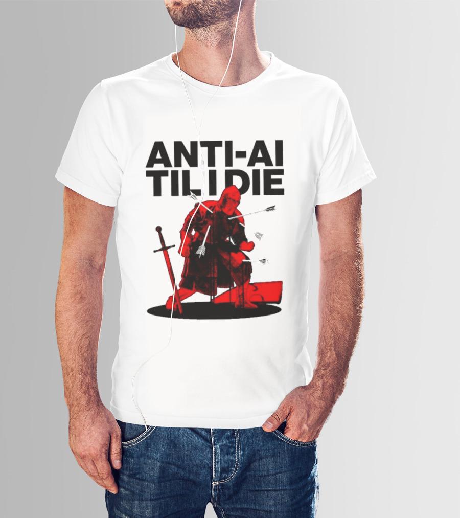 ANTI AI TIL I DIE Medieval Warrior Kneeling With Sword And Arrows T-Shirt