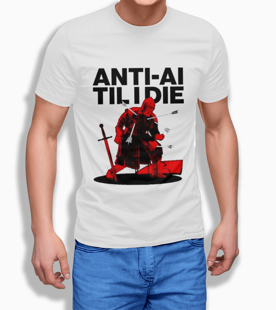 ANTI AI TIL I DIE Medieval Warrior Kneeling With Sword And Arrows T-Shirt
