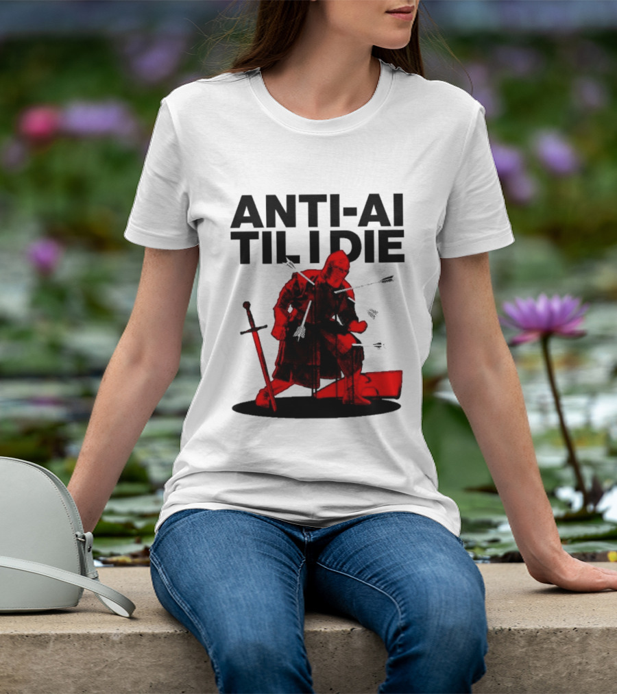ANTI AI TIL I DIE Medieval Warrior Kneeling With Sword And Arrows T-Shirt