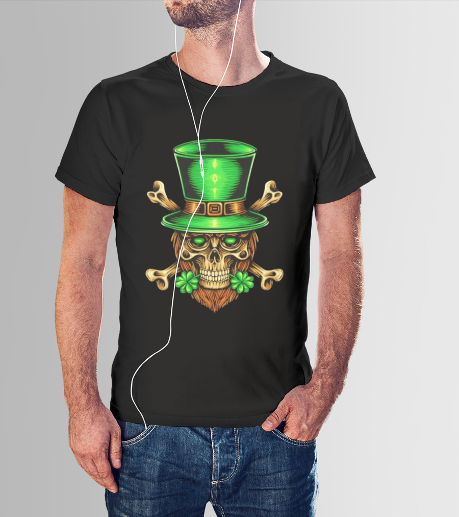 Leprechaun Irish Skull Clover Crossbones Green Top Hat St Patrick's Day T-Shirt