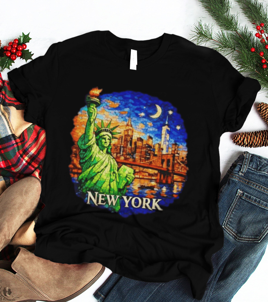 New York City Statue Of Liberty And Skyline Mosaic T-Shirt