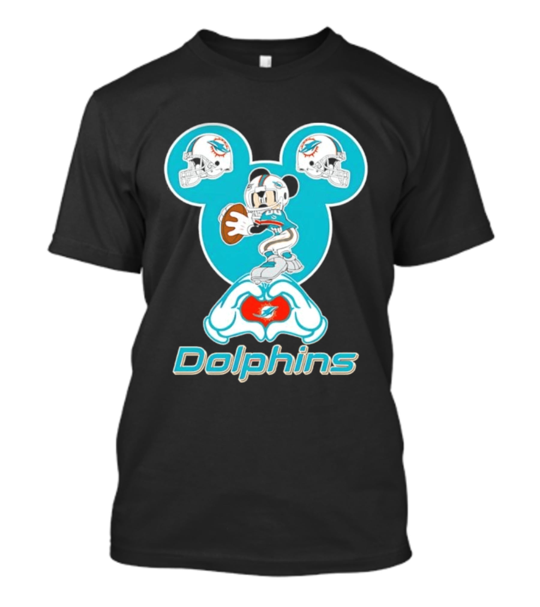 Miami Dolphins Mickey Mouse Heart Hands Football Helmets T-Shirt